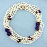 Amethyst, Gold Bead, And Pearl Necklace In 14k Yellow Gold
