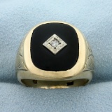 Men's Vintage Onyx And Diamond Ring In 10k Yellow Gold