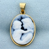 Italian Made Mother Daughter Cameo Pendant In 14k Yellow Gold
