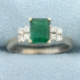Natural Emerald And Diamond Ring In 18k White Gold