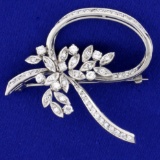 Vintage 1ct Tw Diamond Ribbon Flower Design Pin In 18k White Gold