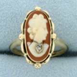 Vintage Diamond Cameo Ring In 10k Yellow Gold