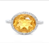 Huge 4.2ct Citrine & Diamond Statement Ring In Sterling Silver