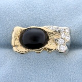 Large Cabochon Onyx And Diamond Ring In 14k Gold