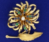 Vintage Emerald, Sapphire, And Diamond Feather/flower Pin Brooch In 14k Yellow Gold