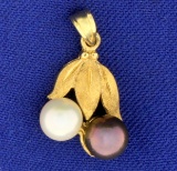 Fruit Tree Design White And Black Cultured Pearl Pendant In 14k Yellow Gold