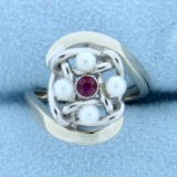 Pearl And Ruby Ring In 14k White Gold