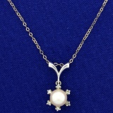 Akoya Pearl And Diamond Pendant In 14k White Gold Setting On Sterling Silver Chain