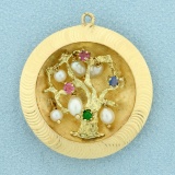 Unique Gemstone And Pearl Tree Pendant In 14k Yellow Gold