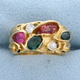 Emerald, Morganite, Diamond, And Rubellite Custom Designed Ring In 14k Yellow Gold
