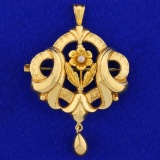 Antique Pearl Flower Pendant Or Pin In 18k Yellow Gold
