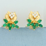 Aaa Quality Emerald And Diamond Flower Earrings In 14k Yellow Gold