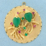 Large Emerald And Pink Sapphire Love Birds Pendant In 14k Yellow Gold
