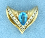 Blue Topaz And 1/2 Ct Tw Diamond Slide Or Pendant For Omega Necklace Or Chain In 14k Yellow Gold