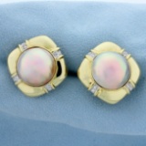 Oversized Mabe Pearl And Diamond Earrings In 14k Yellow Gold