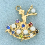 Vintage Pearl And Gemstone Ballerina Pendant In 14k Yellow Gold