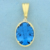 Extra Large 27ct London Blue Topaz And Diamond Pendant In 14k Yellow Gold