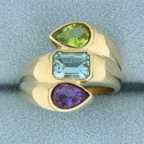 3ct Tw Amethyst, Peridot, And Sky Blue Topaz Statement Ring In 14k Yellow Gold