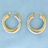 Two Tone Twisting Hoop Earrings In 14k Yellow And White Gold