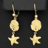 Starfish And Sand Dollar Dangle Earrings In 14k Yellow Gold