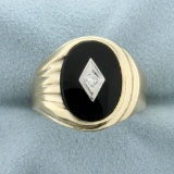 Men's Vintage Onyx And Diamond Ring In 10k Yellow And White Gold