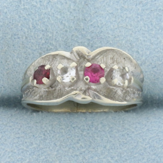 Pink Topaz, Garnet, & White Sapphire Ring In 14k White Gold