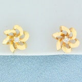 Diamond Flower Design Earrings In 14k Yellow Gold