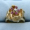 Vintage Ruby And Diamond Lotus Flower Hand-etched Ring In 14k Yellow Gold