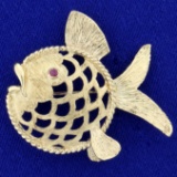 Designer Ruby Fish Pin In 14k Yellow Gold