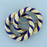 Italian-made Blue Enamel Swirl Diamond Pin In 18k Yellow And White Gold