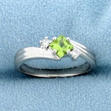 Peridot And Diamond Ring In 14k White Gold