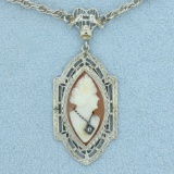 Antique Diamond Cameo Necklace In 14k White Gold