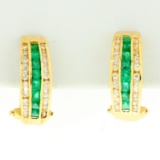 Natural Emerald And Diamond Half Hoop Earrings In 18k Yellow Gold