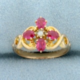 Vintage Pink Sapphire And Seed Pearl Flower Ring In 14k Yellow Gold