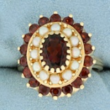 Vintage Garnet And Pearl Flower Ring In 10k Yellow Gold