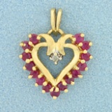 Vintage 1/2ct Tw Ruby And Diamond Heart Pendant In 10k Yellow Gold