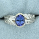 Aaa Quality Tanzanite And Diamond Ring In 18k White Gold