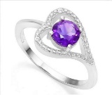 Amethyst & Diamond Heart Ring In Sterling Silver