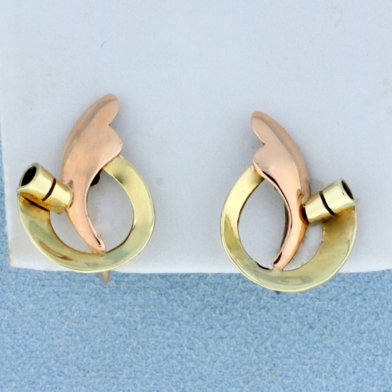 Antique Abstract Design Screw Back Earrings In 14k Yellow And Rose Gold