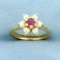 Vintage Ruby And Pearl Flower Design Ring In 14k Yellow Gold