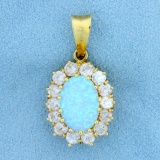 Italian-made Lab Created Opal And Cz Pendant In 14k Yellow Gold