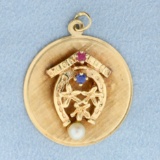 Good Luck Horseshoe And Starfish Pendant Or Charm With Ruby, Sapphire, And Pearl In 14k Yellow Gold