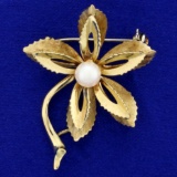 Italian-made Pearl Flower Pin In 14k Yellow Gold