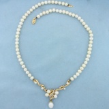 Vintage Akoya Pearl And Diamond Necklace In 14k Yellow Gold