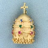 Orthodox Pope Hat Pendant Or Charm With Sapphires, Emeralds And Rubies In 14k Yellow Gold