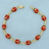 Italian Made Enamel Ladybug Bracelet In 14k Yellow Gold