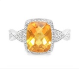 Checkerboard Cut 2.5ct Citrine & Diamond Ring In Sterling Silver