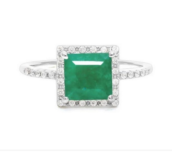 2.3ct Emerald Halo Ring In Sterling Silver