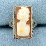 Vintage Filigree Rectangular Cameo Ring In 14k White Gold