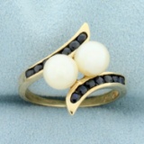 Vintage Sapphire And Cultured Pearl Bypass Ring In 10k Yellow Gold